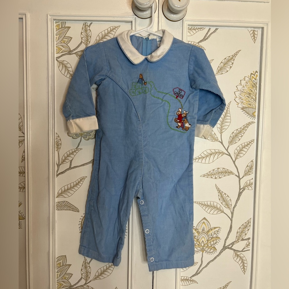 Vintage Peter Rabbit Blue Corduroy Romper with Embroidery